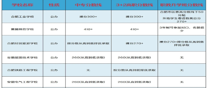 安徽合肥中专学校分数线排名一览表